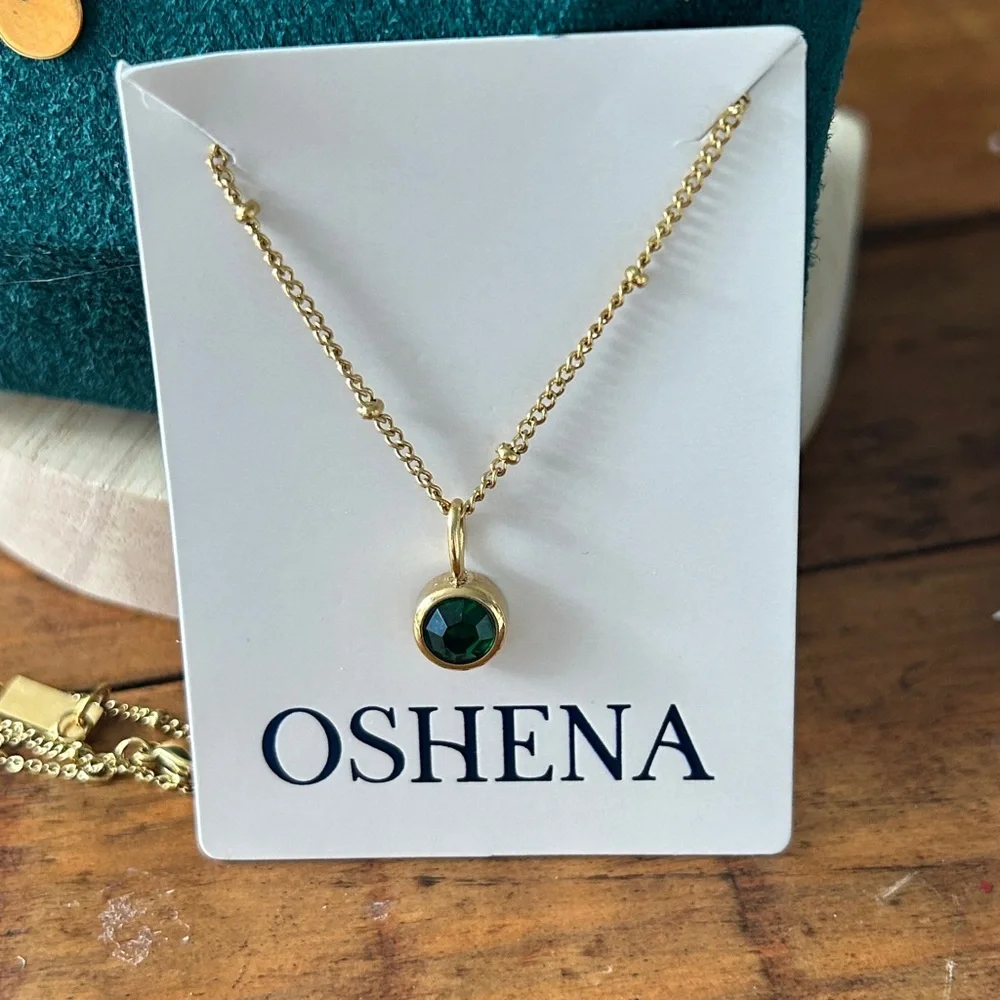 Oshena designer Beachwear bezel set emerald‎ green stone Gold Necklace